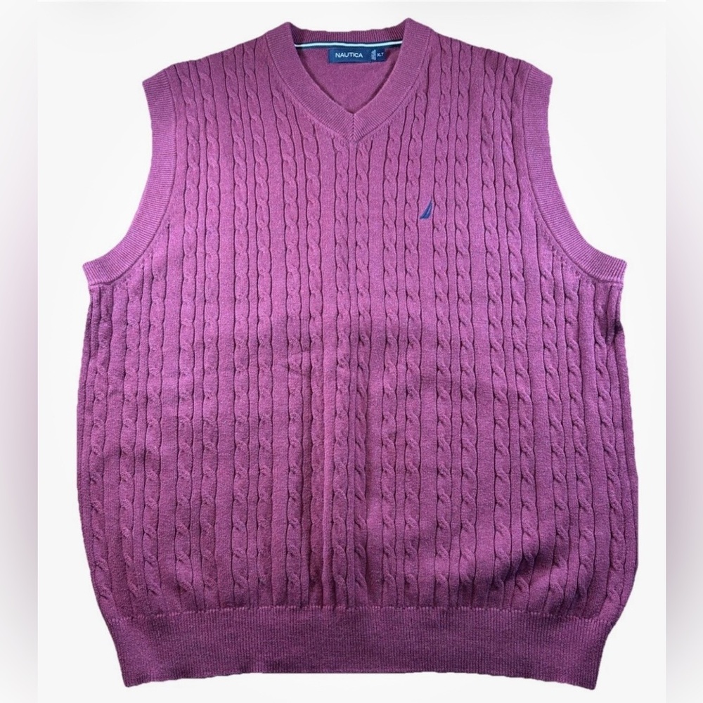 Nautica Men's V-Neck Cable Knit Sweater Vest - Cranberry 100 % cotton Preppy XLT